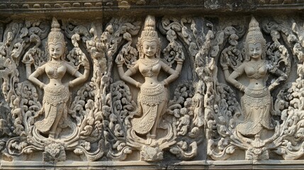 Obraz premium The intricate stone carvings of apsaras (celestial dancers) on the walls of Angkor Wat.