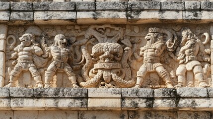 Obraz premium The intricate stone carvings on the Temple of the Warriors at Chichen Itza, depicting ancient warriors and serpents.