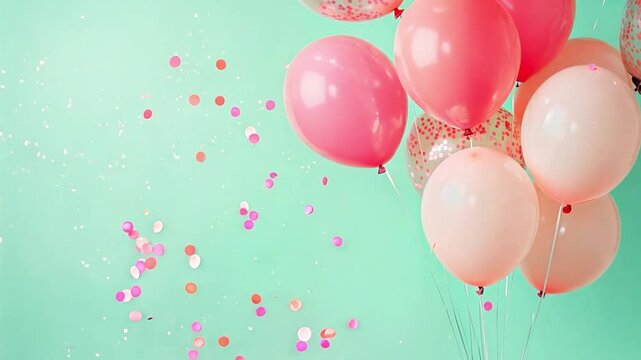 A cluster of pink and peach balloons floats above scattered confetti on a mint green background, perfect for any celebration
