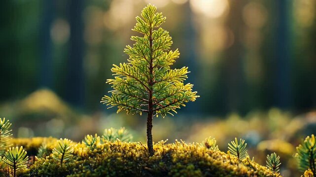 Small pine tree in sunlight with blurred
