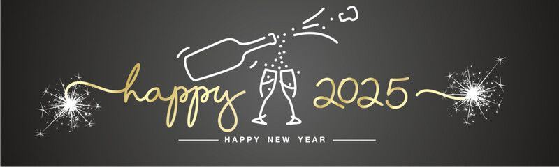Happy 2025 New Year gold handwritten line design typography shapes 2025 with white sparkle firework and champagne bottle and glasses on black background banner