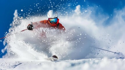 Naklejka premium Mastering the Slopes: A Thrilling Display of Skill and Control in a Skiing Adventure on Powdery Snow Under Blue Skies
