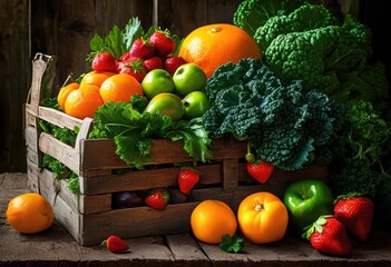 colorful arrangement fresh farm fruits vegetables showcasing vibrant colors natural beauty, artistic, appealing, assortment, bounty, bright, cuisine