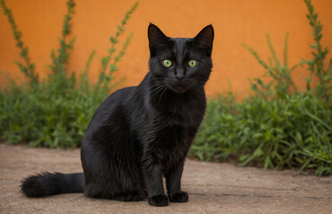 black cat silhouette with green eyes on an orange background wall with grass