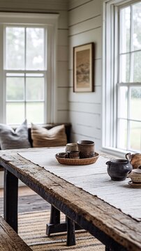 Rustic farmhouse table with a woven runner and ceramic mugs in a wicker basket.