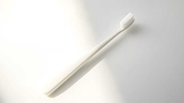 Simple Toothbrush: A plain, white toothbrush with a minimalist design, lying flat on a white background, with a soft shadow beneath it.
