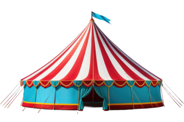 Circus tent, vibrant stripes, elegantly arched central peak, isolated, stark white background, high resolution stock photograph, full-body display, subject centered, soft shadows, minimalistic