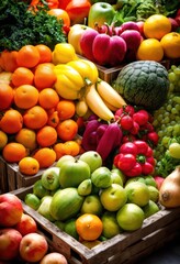 vibrant fresh produce displayed clean textures safety seals emphasizing quality freshness, fruits, vegetables, organic, healthy, colorful, market, nutrition