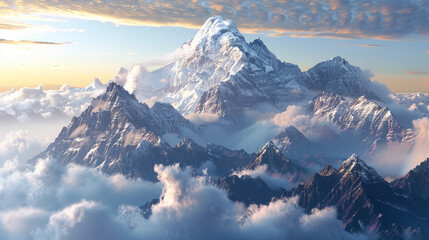 Medium close-up of towering, snow-capped mountains rising above the clouds, symbolizing the vast might of nature.