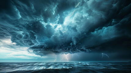 Fototapeta premium Medium close-up of a thunderstorm brewing over the ocean, dark clouds swirling with flashes of lightning illuminating the scene.