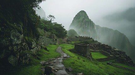 The lush green landscape of Machu Picchu in the rainy season.