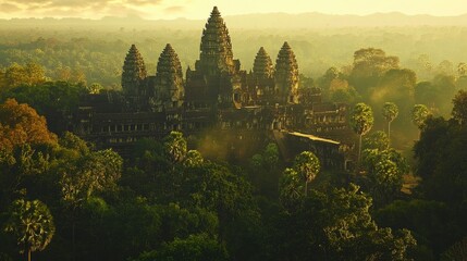 The lush green surroundings of Angkor Wat, with the temple rising majestically above the jungle.