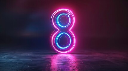 Glowing neon number eight with purple and blue light on a dark surface.