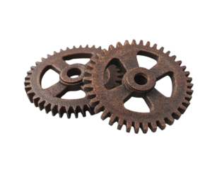 Two vintage gears with a rustic finish
