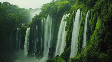 Naklejka premium The lush greenery surrounding the Iguazu Falls, with the waterfalls thundering in the background.