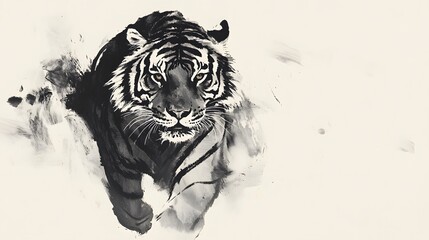 Tiger Chinese Zodiac in Ink Wash Style: A tiger painted in the traditional Chinese ink wash style, with bold brush strokes and a minimalist background.  © Nehtott