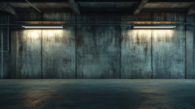 Empty Concrete Garage with Fluorescent Lights