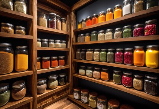 vibrant pantry shelves displaying colorful array diverse food options including canned more organized layout, goods, spices, grains, snacks, bottles