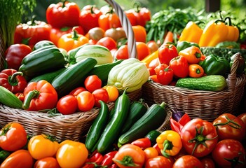 vibrant fresh vegetables displayed attractive baskets bright colors lush greenery, colorful, red, yellow, orange, carrot, pepper, tomato, cucumber