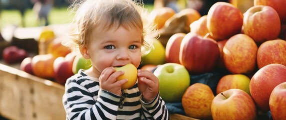 A smiling toddler bites into a fresh apple while standing by a pile of apples at an outdoor market.