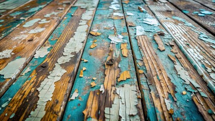Peeling paint on weathered wooden floor creating grunge background