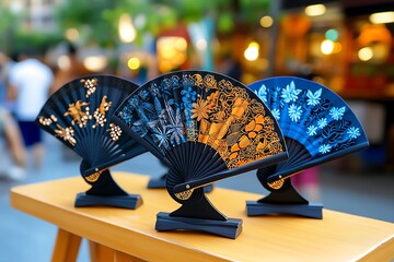 Souvenirs, traditional fans, intricate designs blend practicality with beauty, representing the local customs of cooling in style