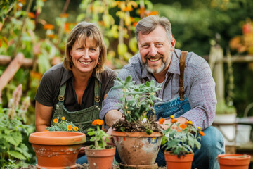 Caucasian married middle aged couple planting herbs at the backyard
