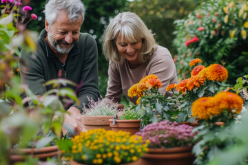 Caucasian married middle aged couple planting herbs at the backyard