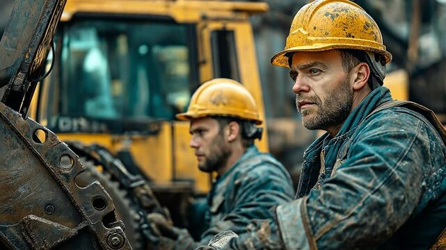 Oil workers using heavy machinery in an industrial setting while donning safety gear