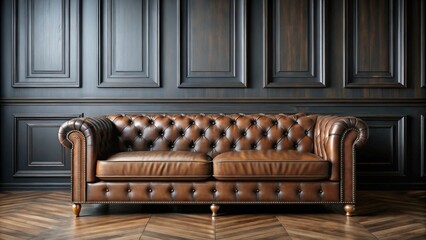 Modern classic black interior with brown leather chesterfield sofa, wood floors, and decorative mouldings, rendered interior mockup