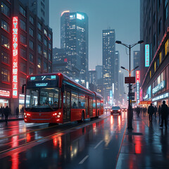 A sleek, modern digital art bus winds through bustling city streets