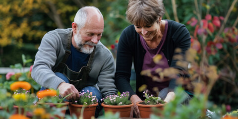Caucasian married middle aged couple planting herbs at the backyard
