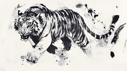 Tiger Chinese Zodiac in Ink Wash Style: A tiger painted in the traditional Chinese ink wash style, with bold brush strokes and a minimalist background.  © Nehtott