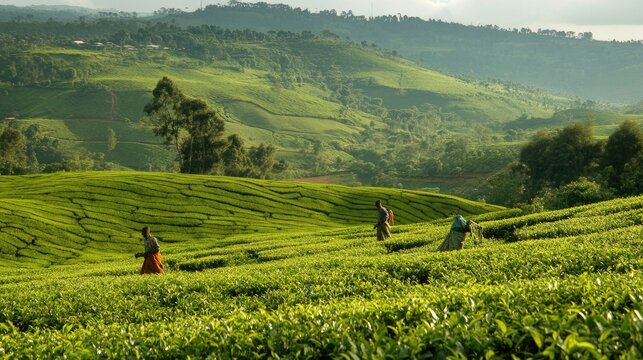 The lush tea plantations of Kericho, Kenya, with rolling green hills and workers harvesting tea leaves.