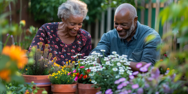 Married middle aged couple planting herbs at the backyard