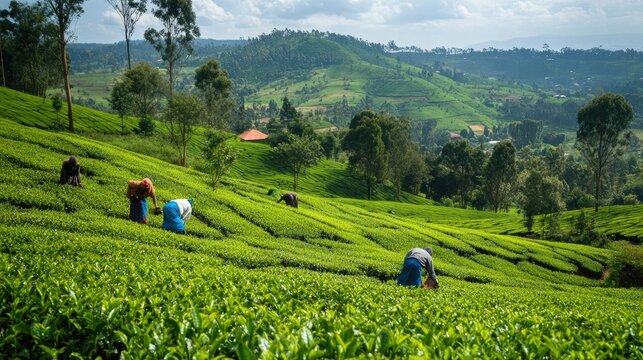 The lush tea plantations of Kericho, Kenya, with rolling green hills and workers harvesting tea leaves.