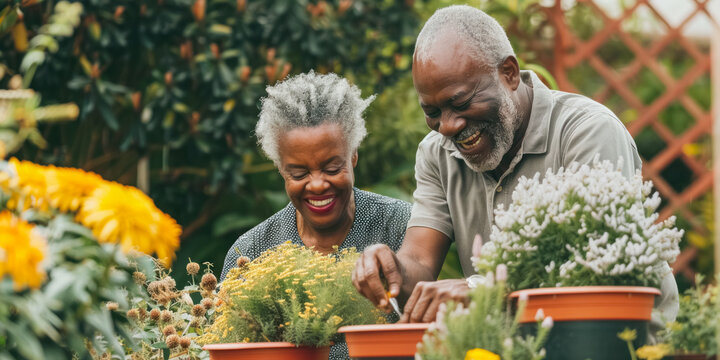 Married middle aged couple planting herbs at the backyard