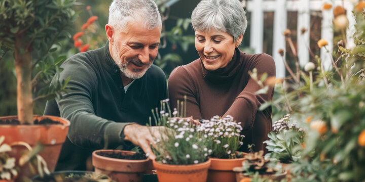 Caucasian married middle aged couple planting herbs at the backyard