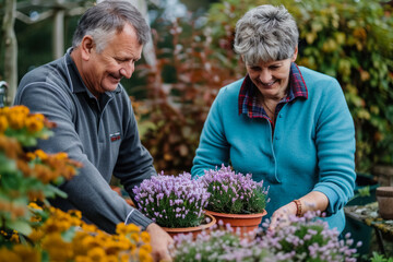 Caucasian married middle aged couple planting herbs at the backyard