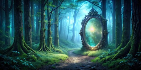 A dark mysterious forest with a magical mirror portal to another world in a night fantasy