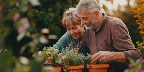 Caucasian married middle aged couple planting herbs at the backyard