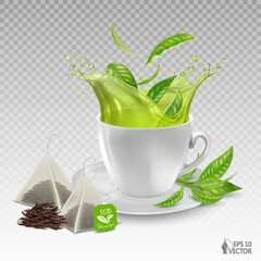 Cup of green aromatic fresh brewed tea. Branch with green leaves. Realistic transparent vector splash. Matcha tea, drink. 3D isolated realistic food illustration