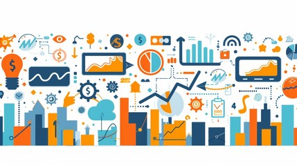 Obraz premium Modern Business Frame with Graphs, Charts, and Icons on White Background for Corporate and Financial Presentations