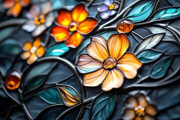 Stained glass window, adorned with florals, natural beauty in glass depicts blooming flowers, capturing natureâ€™s beauty in frozen color