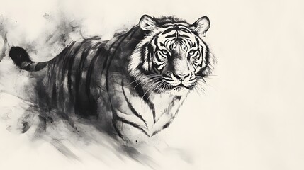 Fototapeta premium Tiger Chinese Zodiac in Ink Wash Style: A tiger painted in the traditional Chinese ink wash style, with bold brush strokes and a minimalist background. 