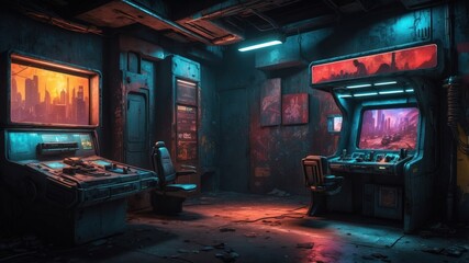Illustration of an abandoned game room in comic style