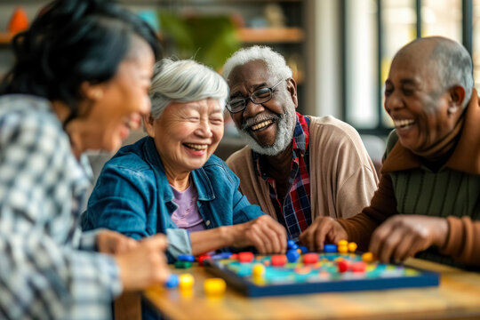 Senior patients playing boardgames in an adult daycare center