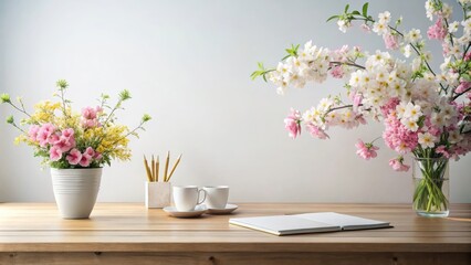 Minimalistic desk with open space surrounded by blooming flowers, symbolizing the freshness of spring time