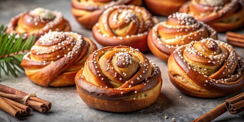 Traditional Swedish kanelbullar buns with cinnamon and cardamom, sprinkled with sugar perfect for fika and cozy moments