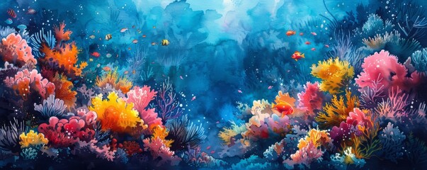 Watercolor abstract coral reef with diverse marine life.